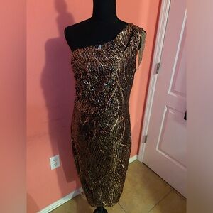 Fashion Nova Black and Gold One Shoulder Cocktail Dress